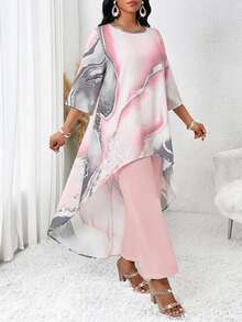 SHEIN Lady Women's Round Neck Loose Asymmetrical Print Fashion Casual 2 Pieces Set, Summer - Pink - View 4