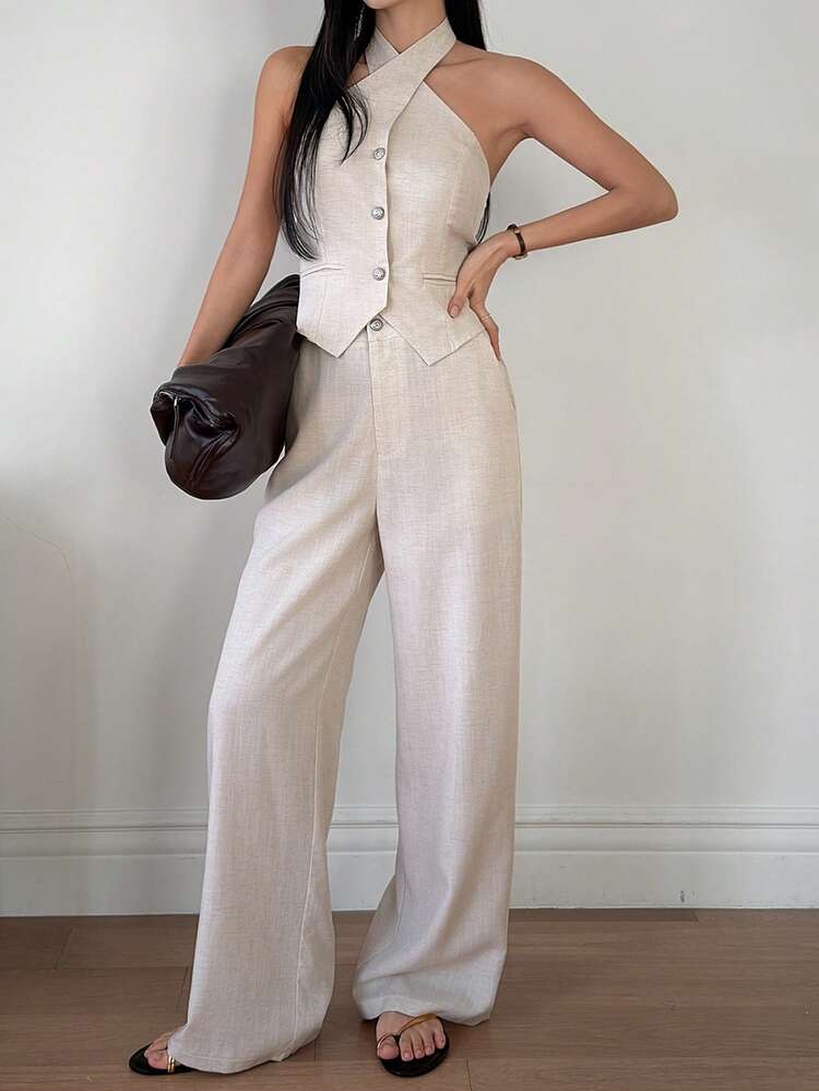 Women's Summer Halter Backless Fitted Cropped Sleeveless Tank Top And Loose Wide Leg Pants 2 Piece Set, Casual Outfit