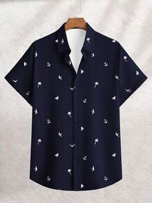 Genlund Men's Plus Size Summer Vacation Casual All-Over Print Shirt - Navy Blue - View 3