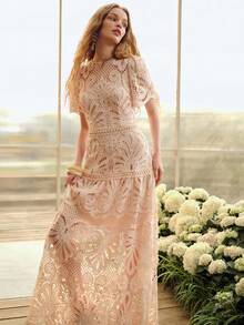 MOTF PREMIUM 女士刺绣圆领收腰A字连衣裙，春夏款 - 藕粉色 - 查看 8