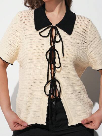 Maija Cárdigan de mujer talla grande en color albaricoque con cuello negro y lazo delantero, contraste de color, estilo retro casual, romántico, de moda, versátil; cómodo, elegante, casual, uso diario sencillo, artículo esencial, unicolor, ocio vacacional, apropiado, soltera, elegante moda casual de negocios, silueta casual de negocios