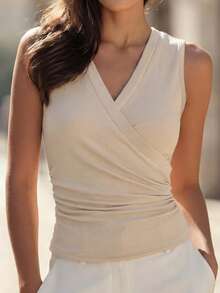 Balvessa Knitted V-Neck Criss-Cross Ruched Sleeveless Cropped Fitted Women Top - Khaki - View 1