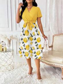Xyvia 女士印花重叠V领短袖优雅连衣裙长款女装 - 黃色 - 查看 6
