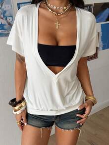 StreetHx Solid Plunging Neck Tee Without Tube Top - White - View 6