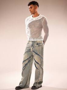 FeverCity Men's Contrast Lace Hollow Design Round Neck Long Sleeve T-Shirt - White - View 7