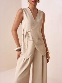 Zivah 2pcs Casual Vacation Linen Texture Knotted Collar Vest And Pleated Long Pants Set For Women Yacht Outfit Women Working Dress For Women Wool Two Pieces Women's Work Clothes For The Office Work Outfits Women - Khaki - View 8