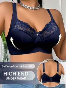 DesireSculpt 1pc Plus Size Lace Patchwork Wireless Bra - Navy Blue - View 4