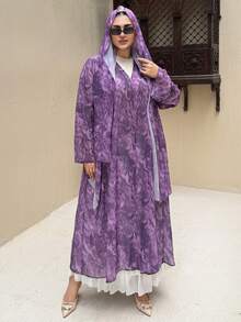 Dazy Plus 2pcs Floral Print Chiffon Scarf, Vacation Style Shirt - Purple - View 4