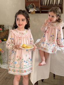 LMoss Kids 少女花卉印花荷葉邊休閒度假日常洋裝 - 粉色 - 查看 3