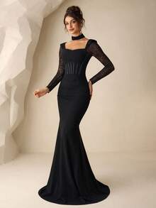 Coutiva 女士优雅蕾丝拼接正式晚礼服 黑色正式晚礼服，黑色长款优雅连衣裙，长袖正式礼服，盛装晚宴礼服 优雅魅力连衣裙，情人节 - 黑色 - 查看 6