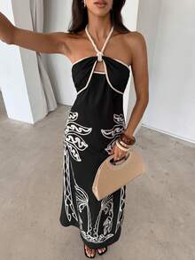 Aloruh Đầm dài nữ mới về, họa tiết rừng nhiệt đới, phong cách vintage lãng mạn, không tay, dây mảnh, thích hợp cho mùa xuân/hè. - Nhiều màu - Xem 7