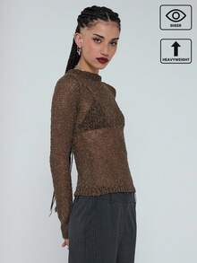 COUREZ 透明圆领针织套头衫，Y2K秋冬外出上衣，女士棕色新年毛衣 - 杏色 - 查看 1