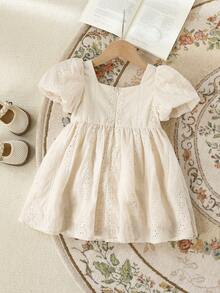 Cozy Pixies Baby Girl Cream White,Summer,Elegant,Baby Shower Vintage Style Puff Sleeve Dress,Solid Round Neck Cinched Waist Tea Party Outfit Ivory Casual Dress - Multicolor - View 5