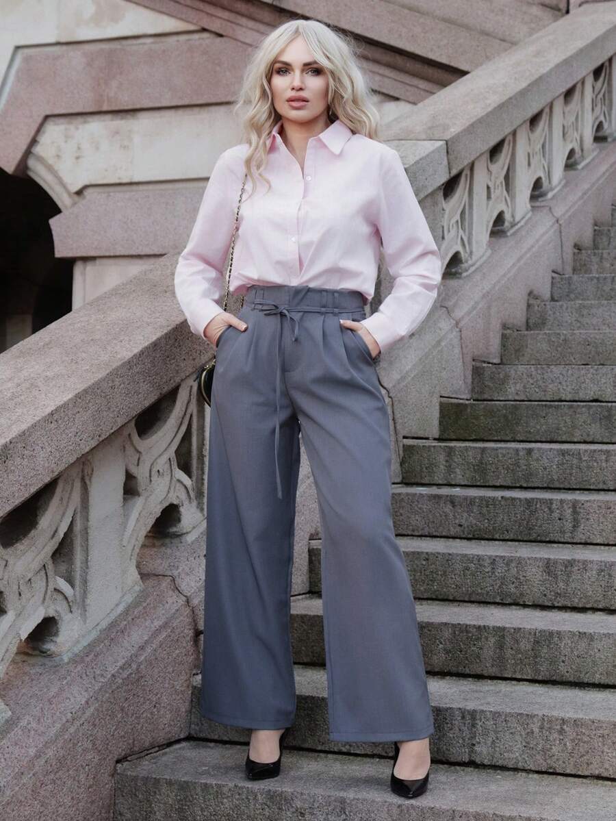 Elenary Edit 女士经典露肩商务衬衫，长袖，纽扣开襟，粉色，适合办公室通勤穿着，优雅商务休闲上衣 - 粉色 - 查看 1