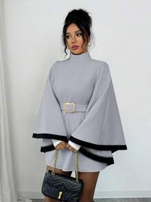 SHEIN Elenzya 女士披肩式喇叭袖套头衫羊毛混纺优雅休闲街头通勤商务浪漫约会派对圣诞节秋冬杏色羊毛大衣 - 淺灰色 - 查看 4