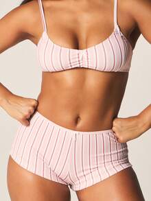 MISSGUIDED Striped Boxer Short Bra Set Two Piece Underwear Balconette Lingerie Collection Comfortable Everyday Intimate Apparel Matching Set Adjustable Straps - Pink - View 4