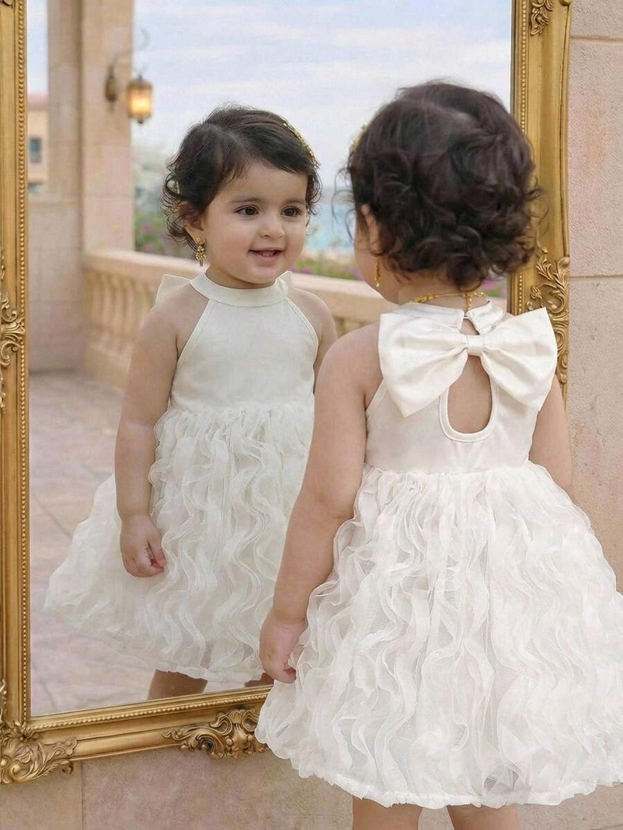 Baby Girls' Elegant Bowknot Back Embroidered Ruffle Hem Dress, White - White - View 1