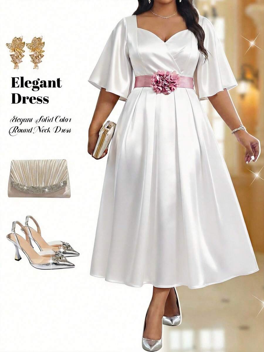 Fleurora Plus Size Women White Elegant Summer Dress,Wedding Ninang Round Neck Flare Sleeve A Line Satin Midi Dress,Formal Party Cocktail Graduation Gown - White - View 1