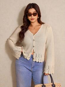 Elaquor 加码纽扣前襟荷叶袖开衫 - 杏色 - 查看 1