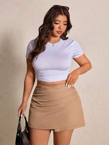 Elaquor Plus Size Solid Color Elastic Waist Skort , Spring/Summer - Khaki - View 1