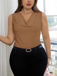 SHEIN Privé Áo kiểu dáng thanh lịch, cổ khoét sâu, không tay, ôm sát, cỡ lớn, thích hợp cho tiệc tùng và hẹn hò, mùa xuân/hè. - Lạc đà - Xem 6