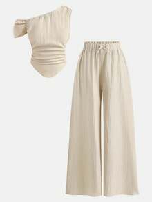 SHEIN Girlism 少女套装，杏色，露肩设计，简约风格，休闲度假风，优雅装扮 - 杏色 - 查看 7