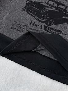 Teen Girls Casual Y2K Style Black & Gray Car Graphic Ruched Tie Front Cropped Top - Grey - View 7