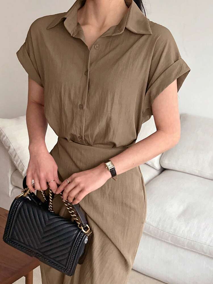 Women's Cinched Waist Short Sleeve Midi Shirt Dress, Elegant Sundress