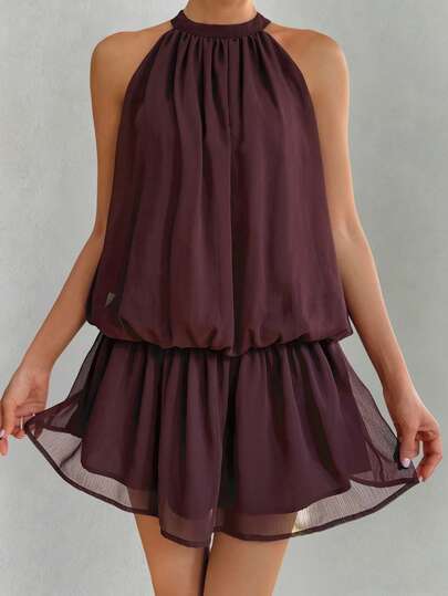 DAZY 女士优雅纯色露背无袖迷你连衣裙，夏季