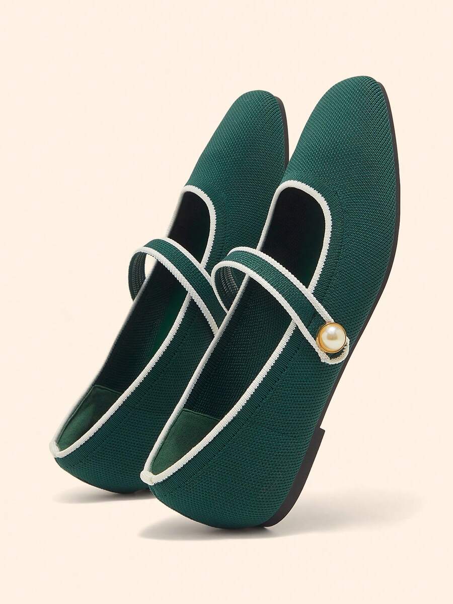 CUCCOO BASICS Sepatu Mary Jane Wanita Warna Hijau Zaitun dengan Ujung Persegi, Trim Putih dan Desain Tali Dekorasi Mutiara, Segar dan Bergaya, Cocok untuk Bepergian, Kencan, Pesta, dan Acara Lainnya - Dark Green - View 1