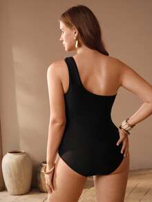 Swim Chiccia 大码女士连体泳衣，优雅成熟休闲海滩度假风，黑色纯色不对称肩带装饰褶皱大码 - 黑色 - 查看 3