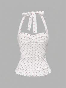 ROMWE Avant 女士浪漫度假风波点格子露背吊带背心套装 - 粉色 - 查看 5