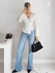 Siren Gaze Áo sơ mi dài tay xếp ly in họa tiết kẻ sọc thanh lịch dành cho nữ - trắng - Xem 5