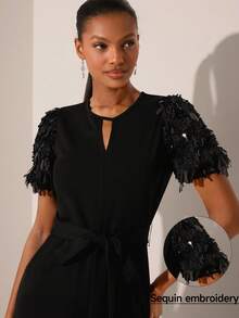 Lilora 女士优雅亮片装饰短袖连体裤 - 黑色 - 查看 9