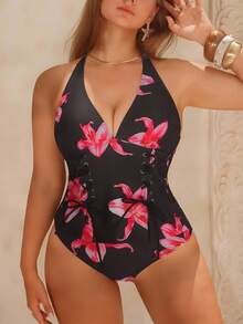 Swim Vcay Bikini con estampado floral y espalda descubierta de talla grande, Traje de baño tipo tankini elegante - Multicolor - Ver 4