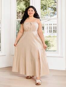 Solflare Summer Boho Plus Size Maxi Dress,Beige Cotton Spaghetti Strap Ruched Bust High Slit Vacation Holiday Dress For Women,Casual Soft & Comfortable Gown - Apricot - View 6