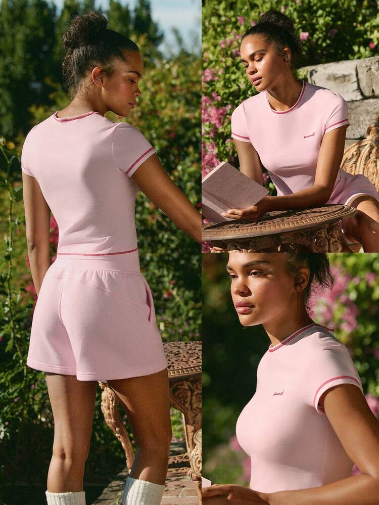 Pima Cotton Everyday Crush Contrasting Color Stitch Embroidered Logo Slim Fit Waist Length Crewneck Tee Daily Casual Wear