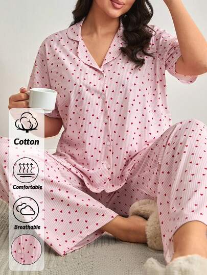 EURMUSE PLUS SIZE Cotton Women Striped Heart Pattern 2 Pcs Button Front Detail Short Sleeved Shirt&Long Pants Homewear Comfort Lounge Pajama Set Heart Print Pajamas Heart Pajama Set Sleep Wear Women 2 Piece Set Two Piece Sleepwear Set Pajamas Set For Woman