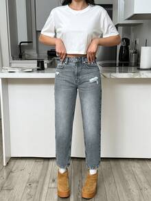 EURMUSE HIGH RISE MOM CUT RIPPED WOMEN JEANS - Light Wash - View 6