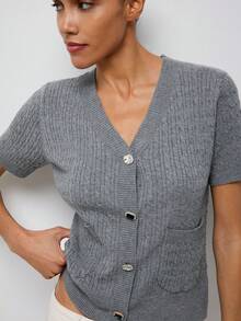 Maija Áo khoác cardigan nữ màu trơn cổ chữ V tay ngắn cài cúc phía trước, kiểu dáng thường ngày, có túi, thích hợp mặc mùa hè, đi nghỉ hè, dự tiệc, đi biển, đi chơi, nghỉ xuân. - Màu Xám nhạt - Xem 4