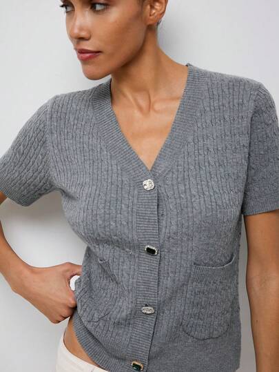 Maija Femmes Cardigan casual à col V, manches courtes, boutons devant avec poches, couleur unie
