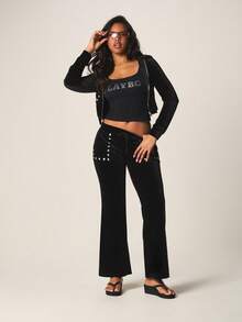 Missguided x Playboy Stud Embellished Full Zip Hooded Sweatshirt With Centre Pocket And Drawstring Hood For Casual Winter Wear - Black - View 3