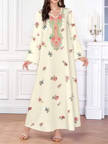 Al Najma 女士阿拉伯花卉印花 V 领长袖长裙款式，阿拉伯连衣裙 - 杏色 - 查看 3