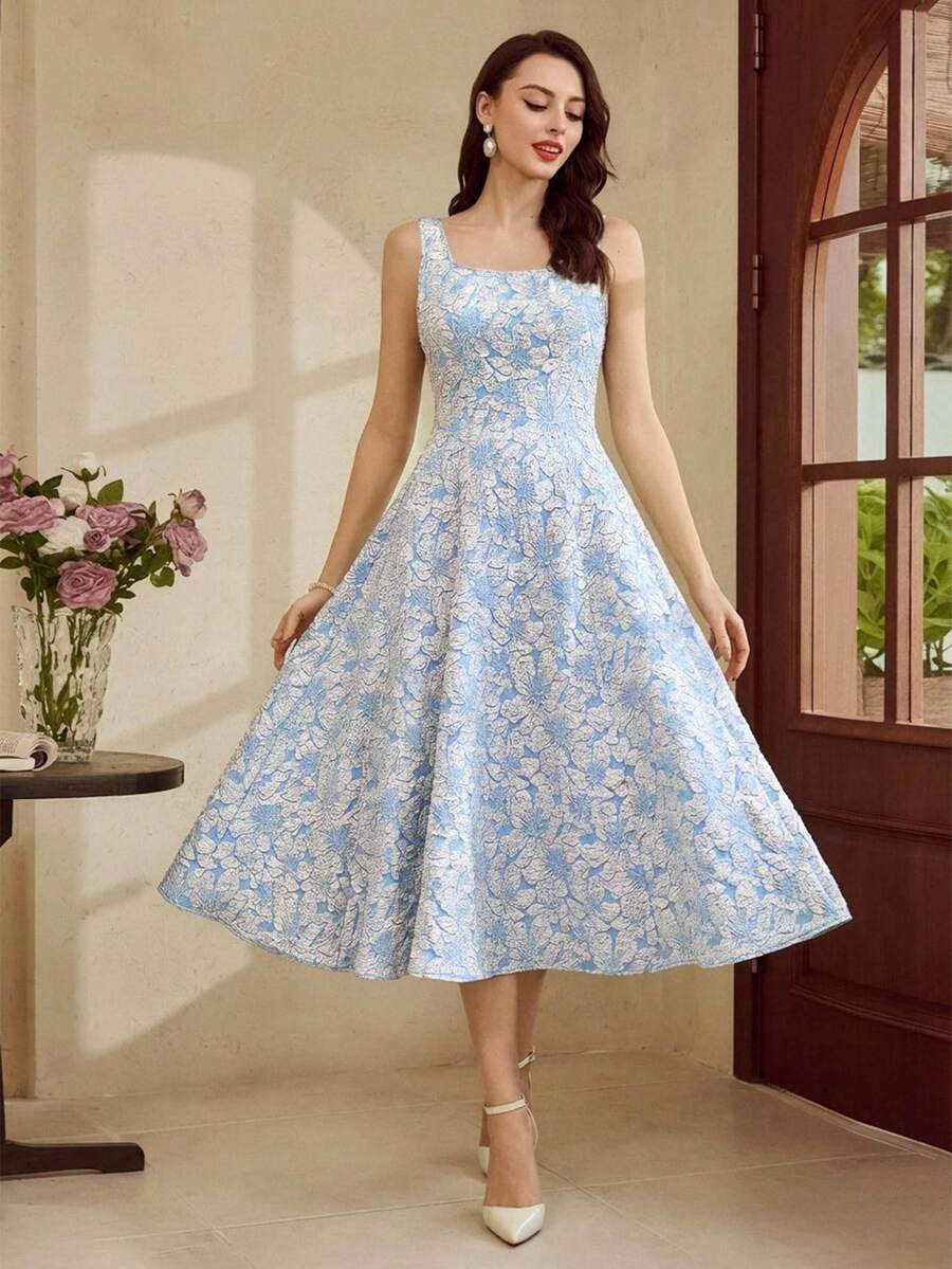 Vintamour Abito vintage elegante da donna in jacquard floreale, abito casual da lavoro, abiti estivi da donna, abiti da sera da donna, abiti primaverili da donna, abito di Pasqua da donna, abiti da vacanza da donna, abiti primaverili da donna, abito da ospite di matrimonio da donna, abiti estivi da donna, abiti formali da donna, abiti estivi da donna, abiti eleganti da compleanno da donna, abiti da sole da donna, abito da laurea, abito primaverile - celeste - Visualizzare 1