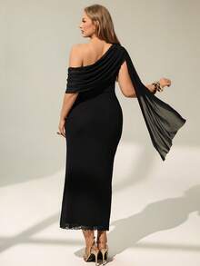 Auralis Plus Size Elegant Solid Color Asymmetric Neckline One Sleeve Black Formal Evening Dress For Women,Autumn Curve Wedding Party Summer Outfit,Formal - Black - View 4