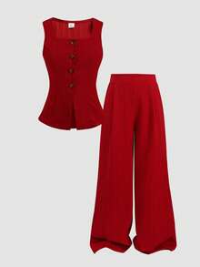 SHEIN Tween Girls' Casual Elegant Commuter Street Fashion Woven Solid Color Button Front Sleeveless Vest Top And Straight Leg Pants Set, Red,Kids - Red - View 2