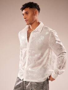 FeverCity Men's Shiny Floral Pattern Lapel Button-Up Shirt - White - View 6
