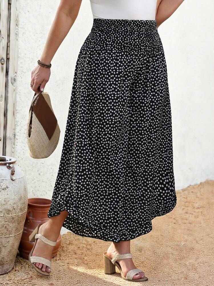 Plus Size Women's Summer Casual Vacation Flared Leg Pants With Cable Design And Polka Dot Ruffle Hem, Early Spring, Spring Break, Valentine For Women, Vacation Women, Holiday For Women,Spring Women,Going Out,2026 New,Simple And Fashionable For Everyday Wear, Wide Leg Summer Pants, Flowy Pants For Women, Boho Pants For Women, Wide Leg Capri Pants, Bohemia Pants