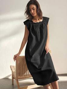 Ocili Đầm ngủ nữ 100% cotton mềm mại và thoải mái với viền bèo nhún và nơ thắt cổ. - màu đen - Xem 7