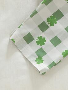 2 pièces Ensemble de pyjama confortable pour jeune garçon avec cardigan col à carreaux verts et blancs, imprimé trèfle, manches longues et pantalon - Vert - Voir 6
